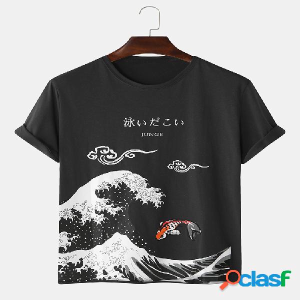 Mens estilo chinês impresso solta O-pescoço T-shirts