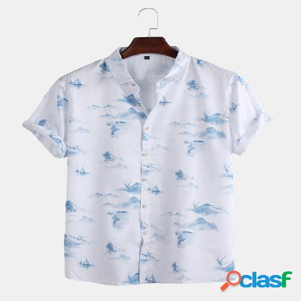 Mens estilo chinês paisagem impressão manga curta solta
