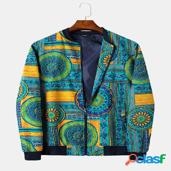 Mens estilo étnico casaco de impressão vintage manga
