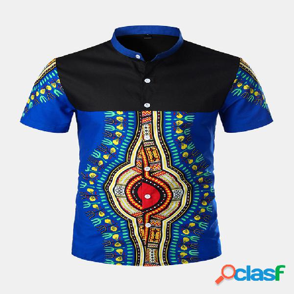 Mens estilo étnico impresso patchwork manga curta verão