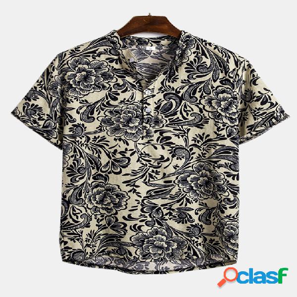 Mens floral impresso manga curta Henley Camisa
