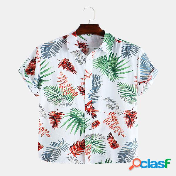 Mens havaiano Folha impresso peito bolso camisas casuais de