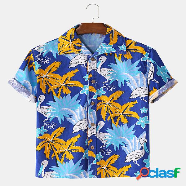 Mens havaiano Folha lapela de manga curta impressa colalr