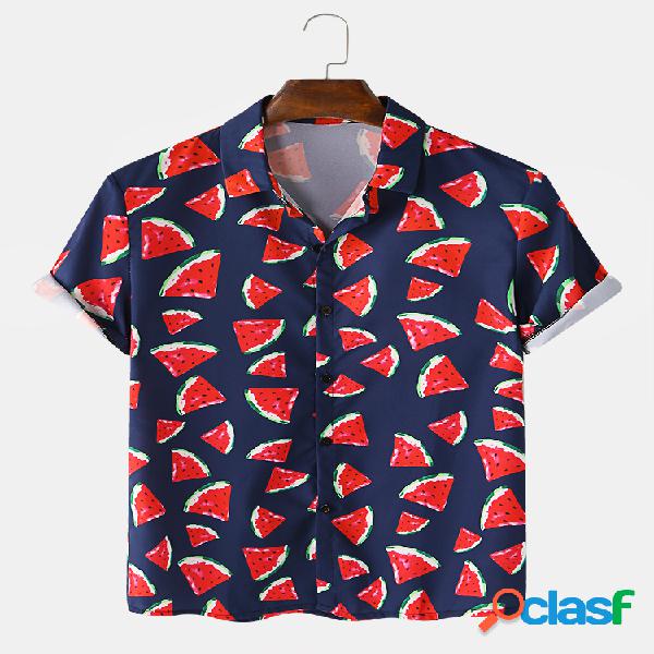 Mens havaiano melancia fruta impressa manga curta Camisa