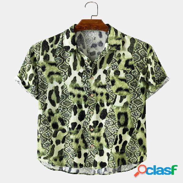 Mens leopardo allover impressão manga curta luz camisas