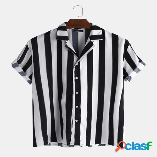 Mens listrado v pescoço único breasted manga curta Camisa