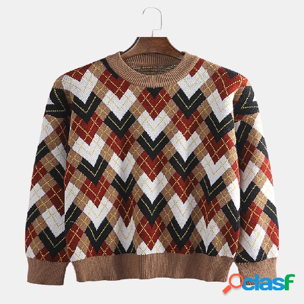 Mens moda losango colorblock manga comprida em torno do