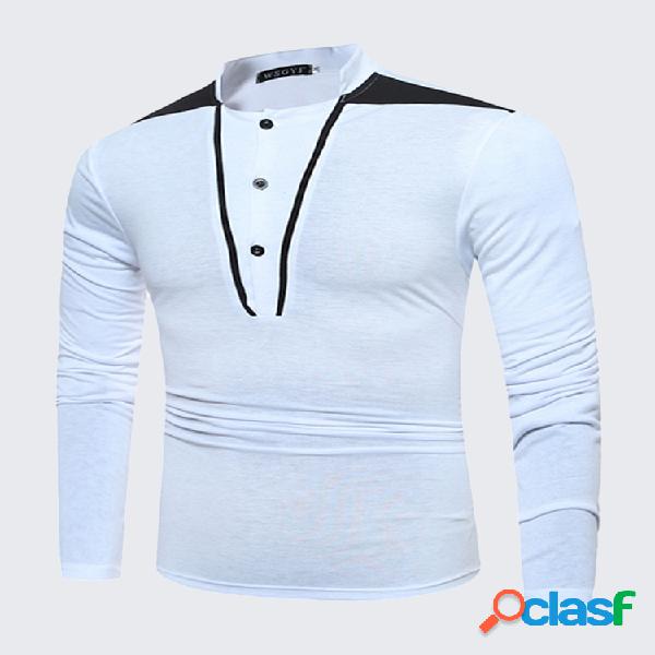Mens moda patchwork botão manga longa gola algodão casual