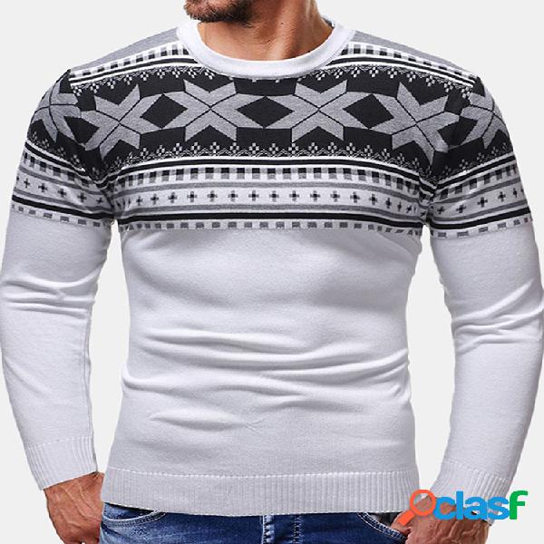 Mens natal floco de neve impressão patchwork manga comprida