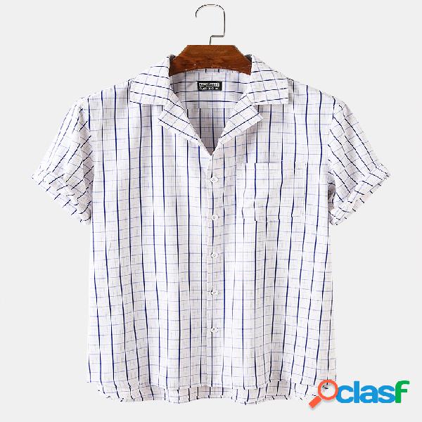 Mens xadrez impresso peito bolso casual camisas soltas