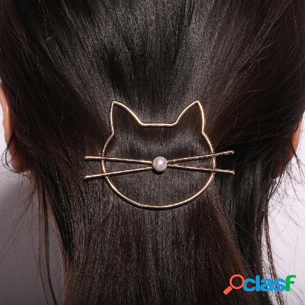 Moda Adorável Animal Oco Gato Pérola Hairpin Ouro Prata