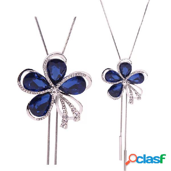 Moda Cristal Azul Strass Colar de Flores Camisola Cadeia