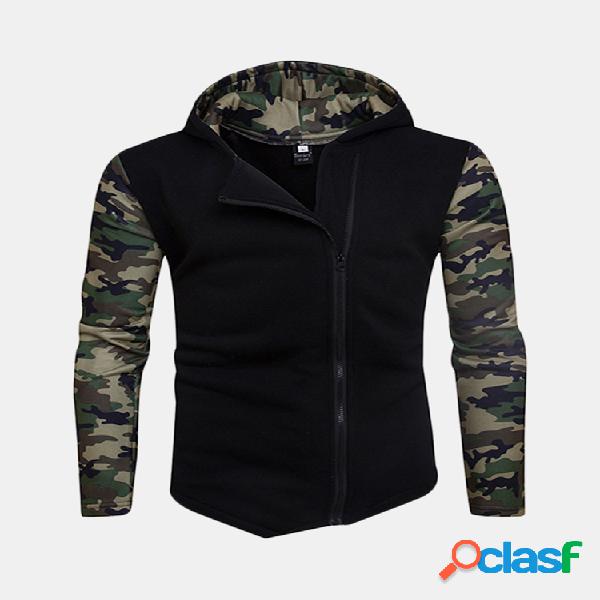 Moda masculina Camuflagem Hoodies Diagonal Zip Up Patchwork