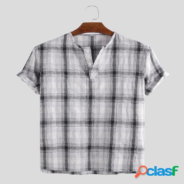 Moda masculina Piald Verão fina manga curta solta Henley