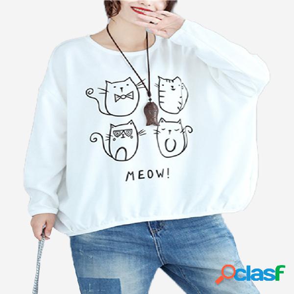 Moletom Casual Feminino Gato Estampado Manga Longa