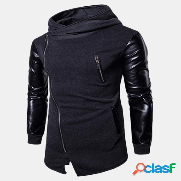 Moletom Casual Masculino Couro de Retalhos Zíper Frontal