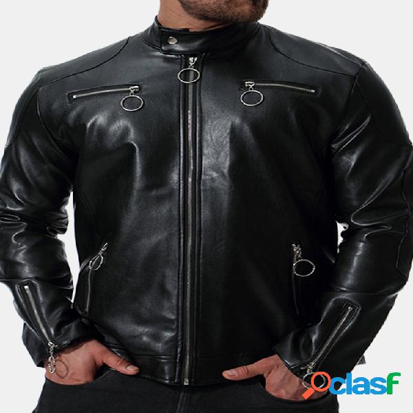 Motocicleta Mens Couro PU Multi-zíper Stand Collar Zip Up