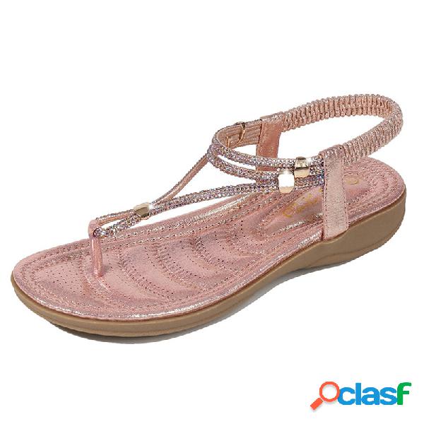 Mulheres Casual Soft Rhinestone Sandálias Toe Clip