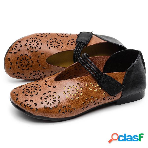 Mulheres Couro Genuíno Oco Out emenda retro sapatos baixos