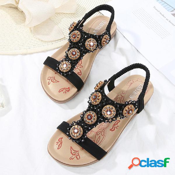 Mulheres Flores Rhinestone Decor Elastic Banda Sandálias