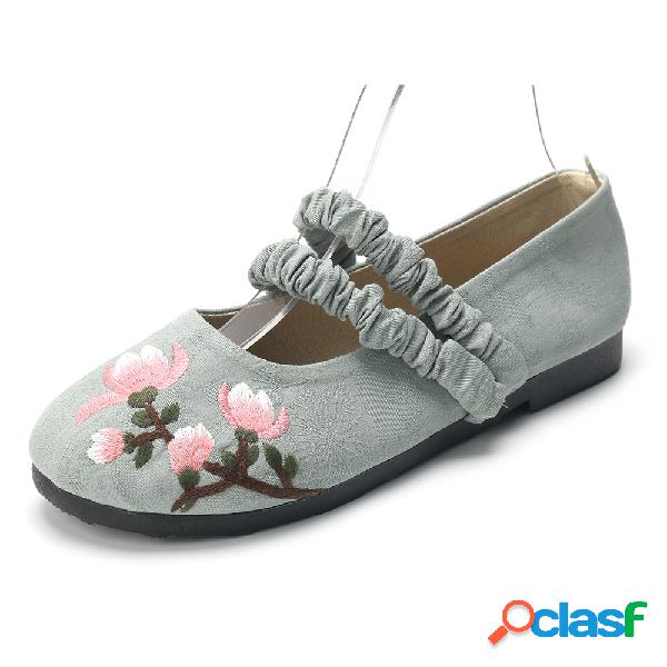 Mulheres Folkways Flores Bordado Rodada Toe Flats