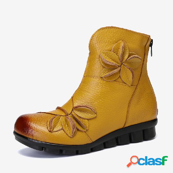 Mulheres Handmade Flores Soft Couro Rodada Toe Warm Zipper
