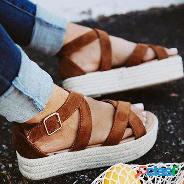 Mulheres Retro Casual Leopard Strappy Buckle Plataforma