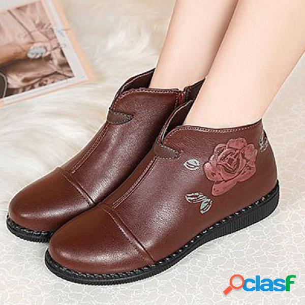 Mulheres Retro Flowers Printing Zipper Soft Botas planas