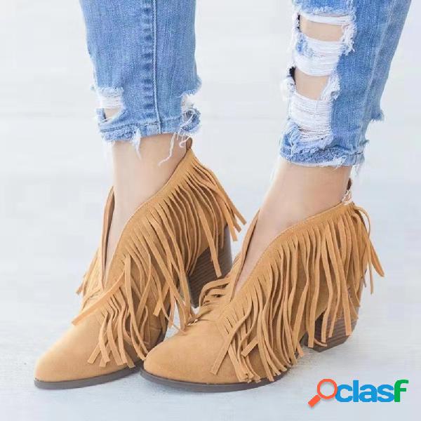 Mulheres Tassel V Shape Slip On Chunky Heel Ankle Boots