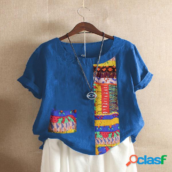 Mulheres Vintage Print Patched manga curta Casual T-shirt