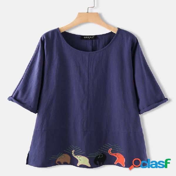 Mulheres bordado meia manga sobrecarga casual t-shirt