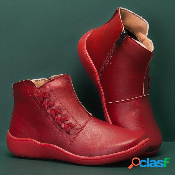 Mulheres costura zipper dedo do pé redondo casual botas de