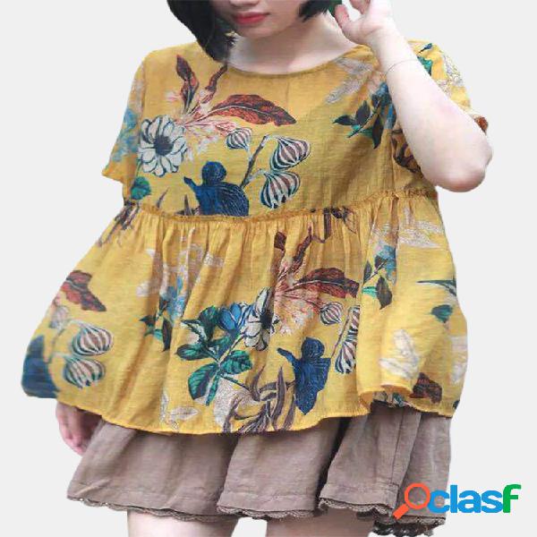Mulheres flor impressão manga curta blusa solta