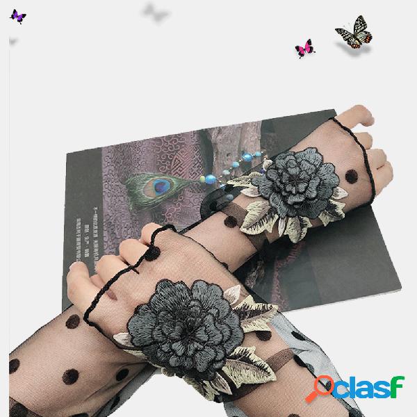 Mulheres impressão dot lace luvas longas anti-uv seda gelo