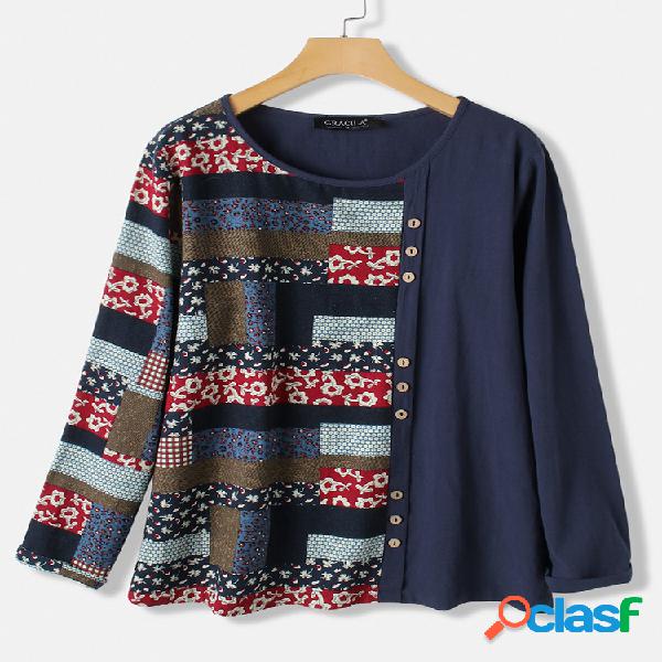 Multi-color Floral Print Patchwork manga comprida blusa para