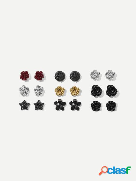 Na moda 9 Pcs Brinco Stud Set Rose Flor De Metal Geométrica