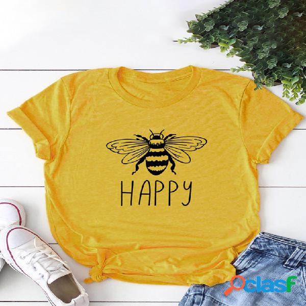 O-neck Bee Camiseta com estampa de carta de manga curta para