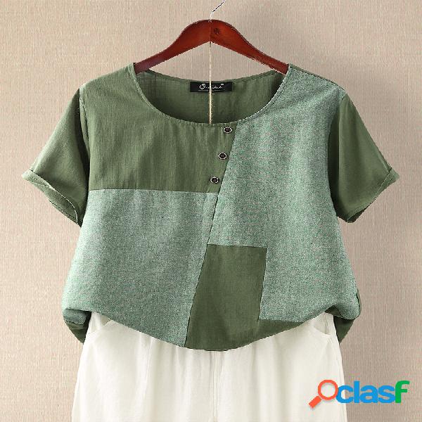Patchwork O-pescoço Plus Tamanho Casual camiseta para as