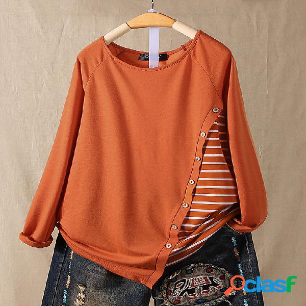 Patchwork casual botão irregular Plus tamanho camiseta