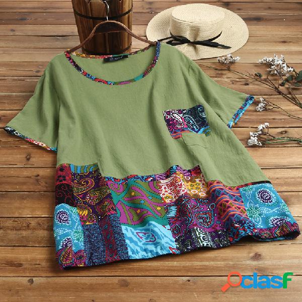 Patchwork de impressão étnica Plus Blusa vintage de