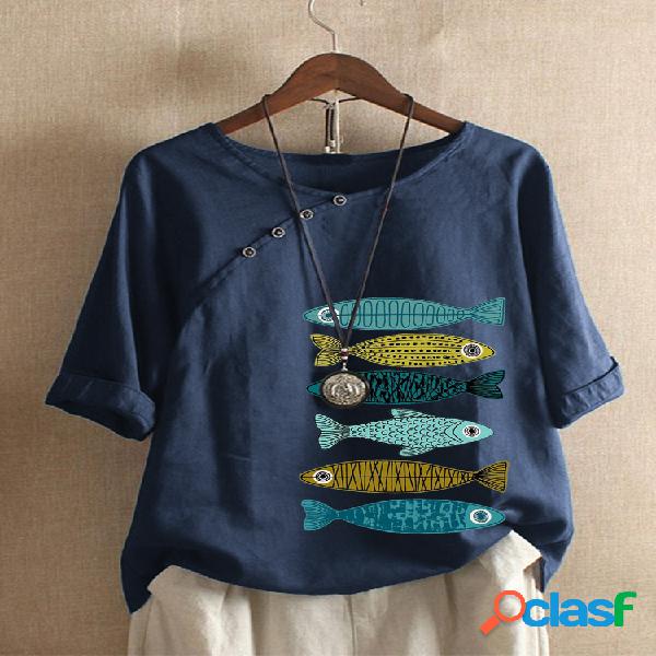 Peixe impresso botão manga curta O-Neck T-shirt