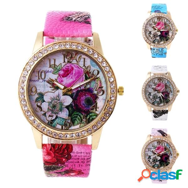 Relógio Floral Boêmico de Quartzo Strass PU Couro