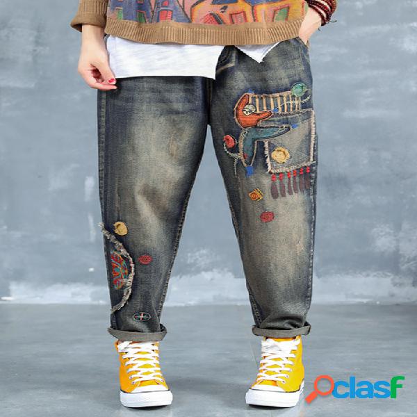 Remendo bordado elástico da cintura rasgado Jeans para