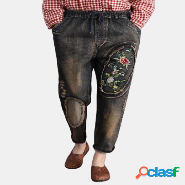 Retalhos Bordados Floral Vintage Cordão Denim