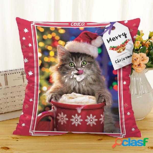Retro Natal Gato Linho de Algodão Capa de Almofada Sofá