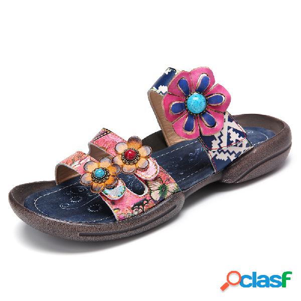 SOCOFY Bohemia Flower Leather Beading Gancho Loop Toe Casual