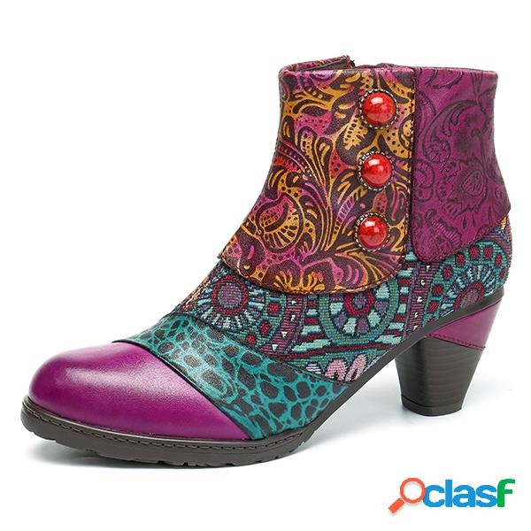 SOCOFY Botas Boêmio De Emenda De Botões De Couro Com