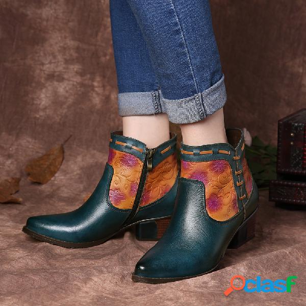 SOCOFY Botas de salto baixo simples de cowgirl ocidental em