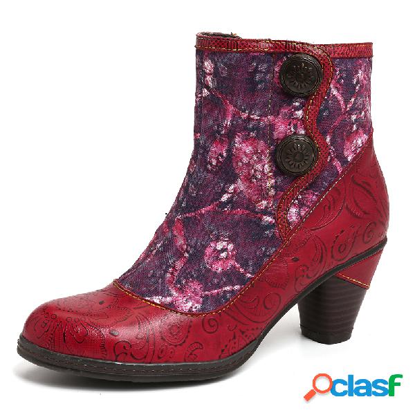 SOCOFY Couro Genuíno Emendas Folkways Flores Botas de salto