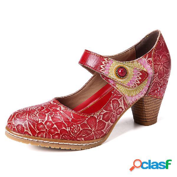 SOCOFY Couro Retro em relevo Floral Gancho Loop Ankle Strap